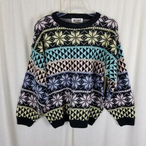 Vintage 90s Gerard Works Snowflake Nordic Loud Knit Sweater Womens M HK Pastel